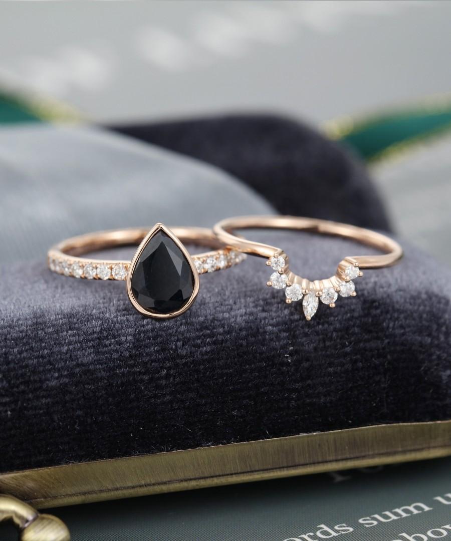 زفاف - 2PCS Pear shaped Black Onyx engagement ring for women rose gold engagement ring vintage Unique Curved moissanite wedding ring Bridal set