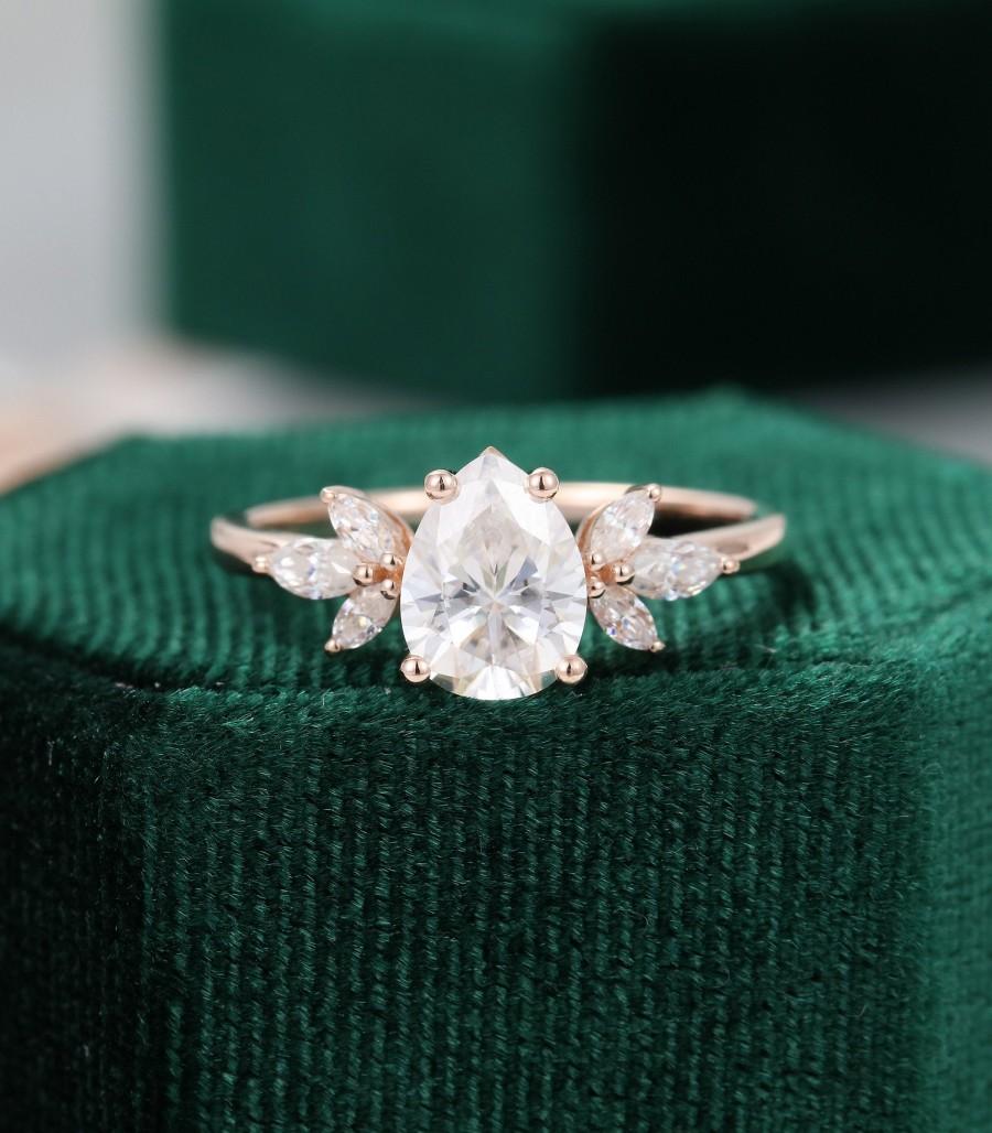 زفاف - Pear shaped Moissanite engagement ring vintage Unique Marquise cut diamond Cluster engagement ring rose gold wedding Bridal gift for women