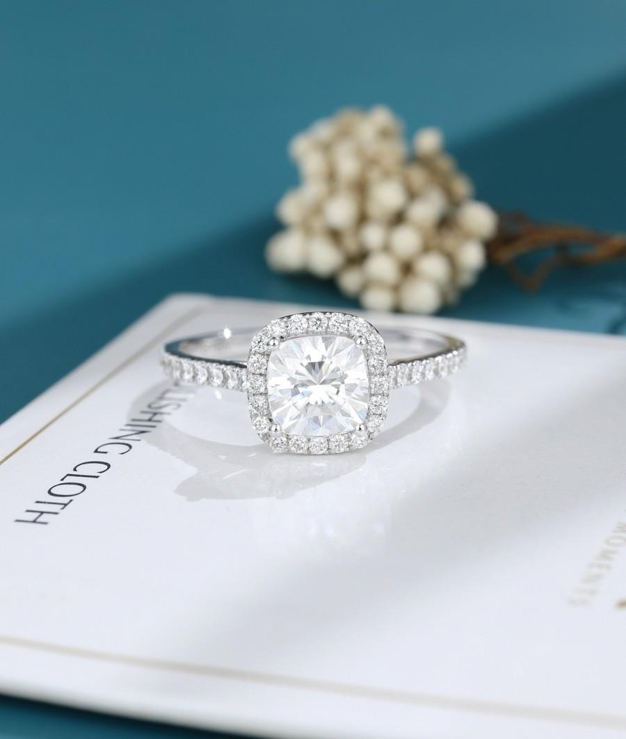 Hochzeit - Moissanite engagement ring women Cushion cut engagement ring Solid white gold Halo engagement Unique vintage wedding Bridal wedding ring