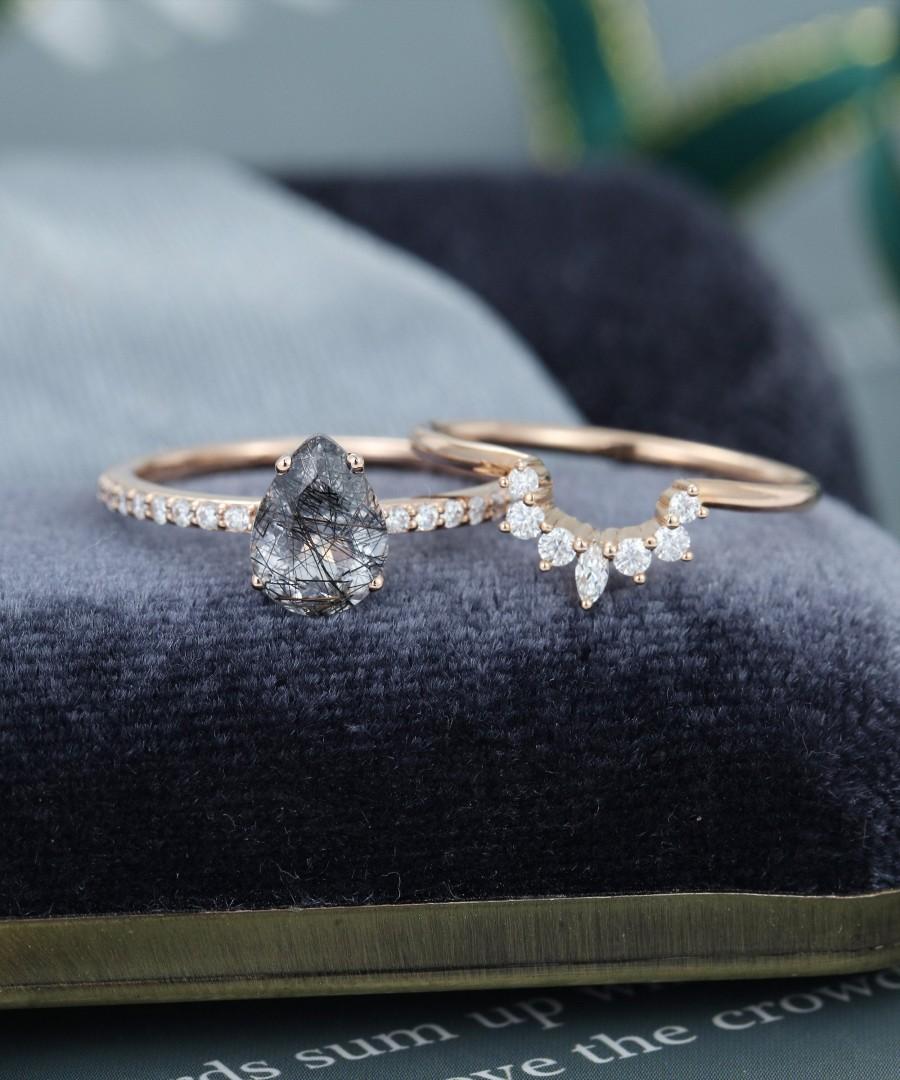 زفاف - 2PCS Black Quartz Rutilated engagement ring set Rose Gold Unique pear shaped engagement ring Curved wedding band Moissanite/Diamond ring