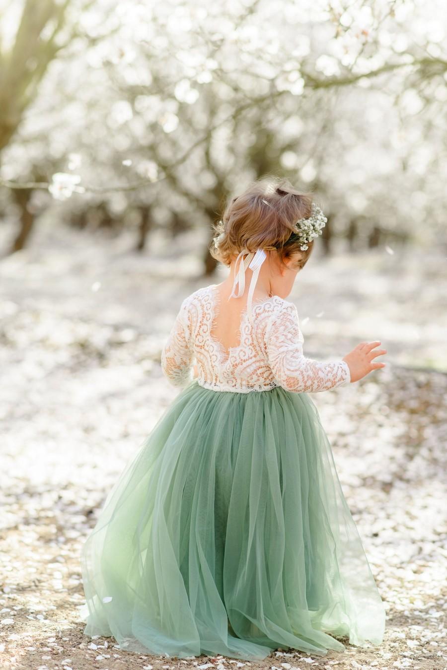 Wedding - Full Length Sage Green Tulle Lace Top Scalloped Edges Back Party Flower Girl Dress
