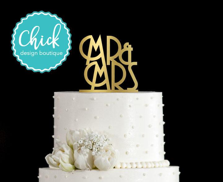 Wedding - Mr & Mrs Art Deco Wedding Cake Topper Hand Painted in Metallic Paint