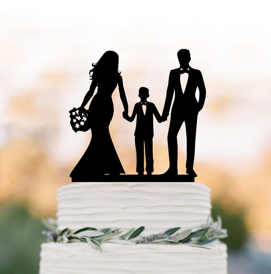Mariage - unique Wedding Cake topper with boy, bride and groom with son wedding cake toppers, wedding cake toppers with child silhouette