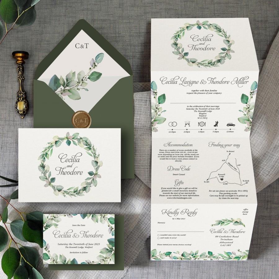 Wedding - Cecilia - Luxury Trifold Wedding Invitations & Save the Date or Change the date. Rustic greenery wreath/hoop greenery wedding invites