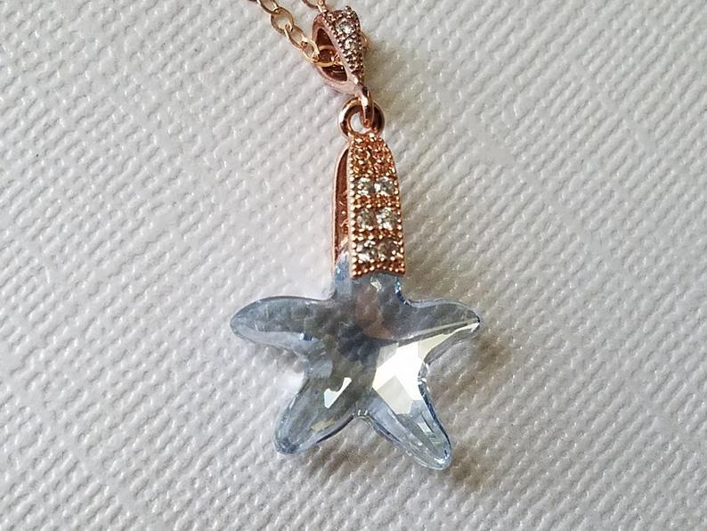 زفاف - Blue Starfish Crystal Necklace, Bridal Sea Star Jewelry, Swarovski Blue Shade Wedding Pendant, Dusty Blue Rose Gold Necklace, Beach Necklace