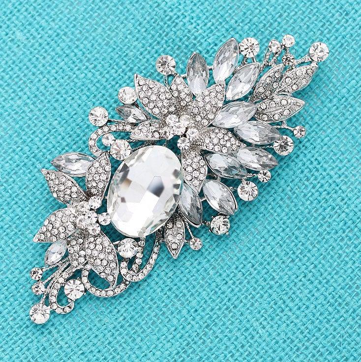 Hochzeit - Bridal Dress Pin Sash Brooch, Large Crystal Silver Brooch, Long Rhinestone Broaches Pins Women, Bridal Jewelry Accessory, Glam Brooches