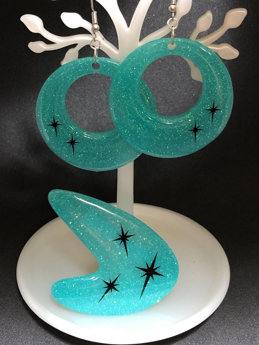 Mariage - Rockabilly pinup retro Aqua and Black Set- Brooch and earrings - Staburst