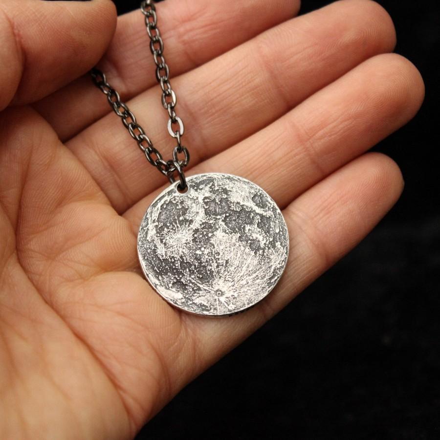Hochzeit - 1" Pure Silver moon pendant on 30" chain - Realistic Moon Celestial Necklace Gift