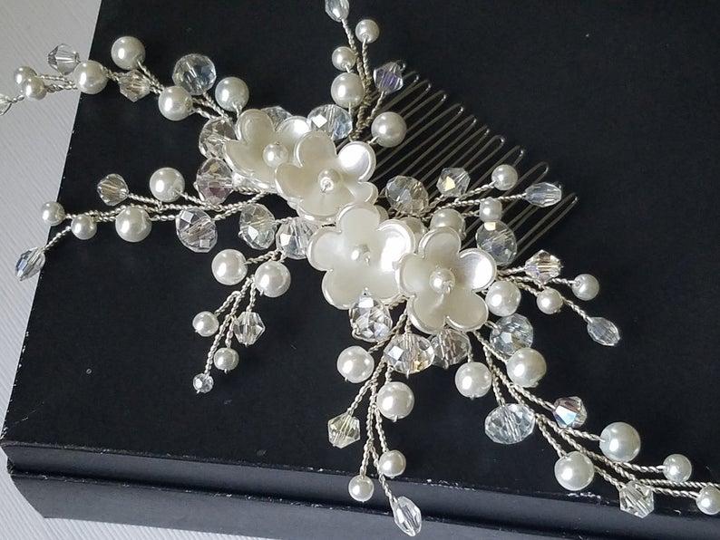 زفاف - Pearl Bridal Hair Comb, Wedding Pearl Crystal Hair Piece, White Pearl Silver Headpiece, Pearl Bridal Hair Jewelry, Pearl Floral Hair Piece