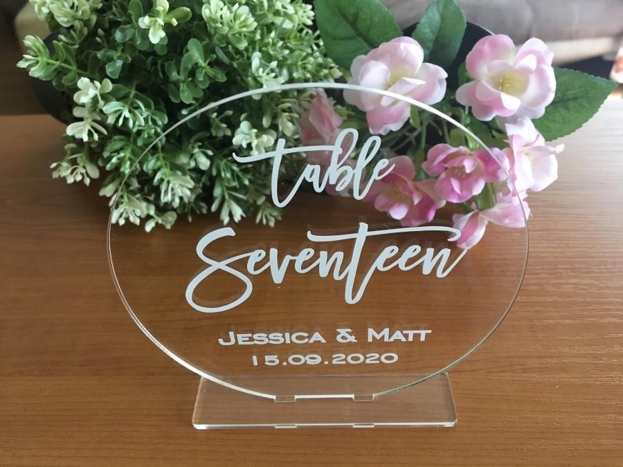 Wedding - Wedding Clear Acrylic Table Numbers with Personalized Bride & Groom's Names and Wedding Date Geometric Freestanding Laser Cut Table Signs