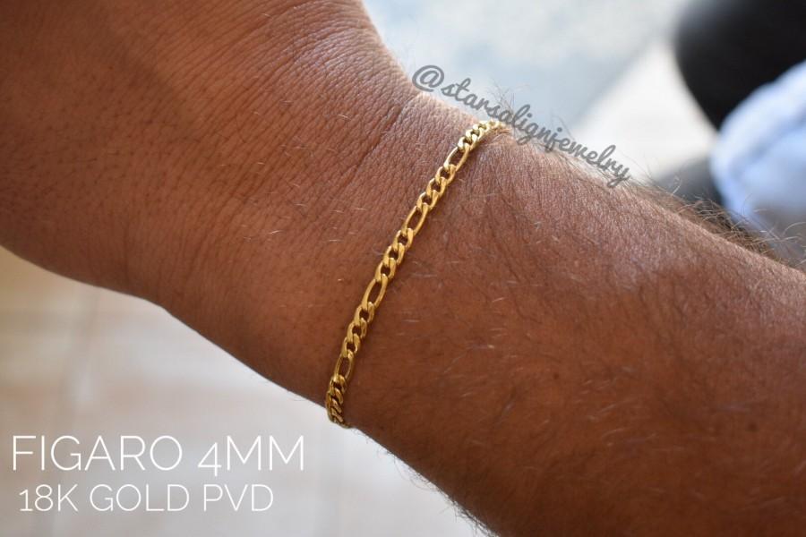 Wedding - Mens Bracelet 18k Gold Figaro PVD Curb Chain, Unisex Bracelet, 3mm Thick Cuban Chain, Anti Tarnish Jewelry, Everyday Lightweight Bracelet