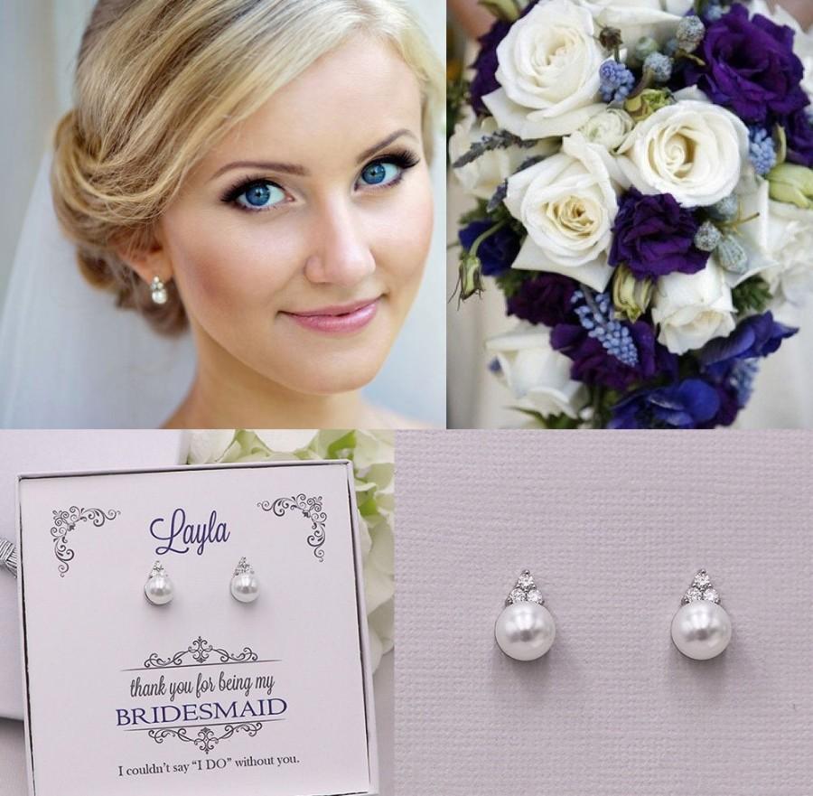 Hochzeit - Bridesmaid Earrings, Pearl Stud Earrings, Bridesmaids Gifts, Bridesmaid Jewelry Gift, Triple CZ pearl stud earrings, Madelyn CZ Earrings
