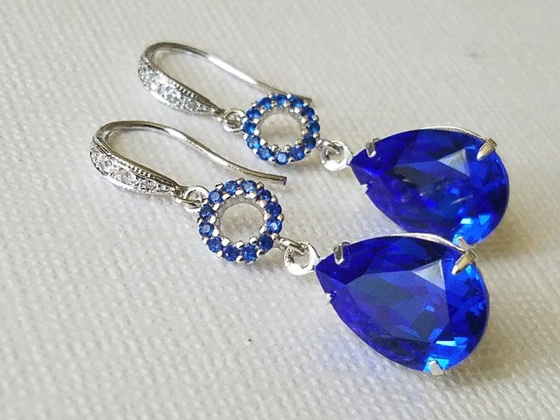 Hochzeit - Blue Crystal Earrings, Swarovski Majestic Blue Silver Earrings, Cobalt Blue Sapphire Teardrop Earrings Royal Blue Wedding Bridesmaid Jewelry