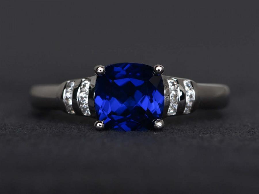 زفاف - sapphire ring cushion cut ring blue sapphire engagement ring blue gemstone ring sterling silver ring September birthstone ring