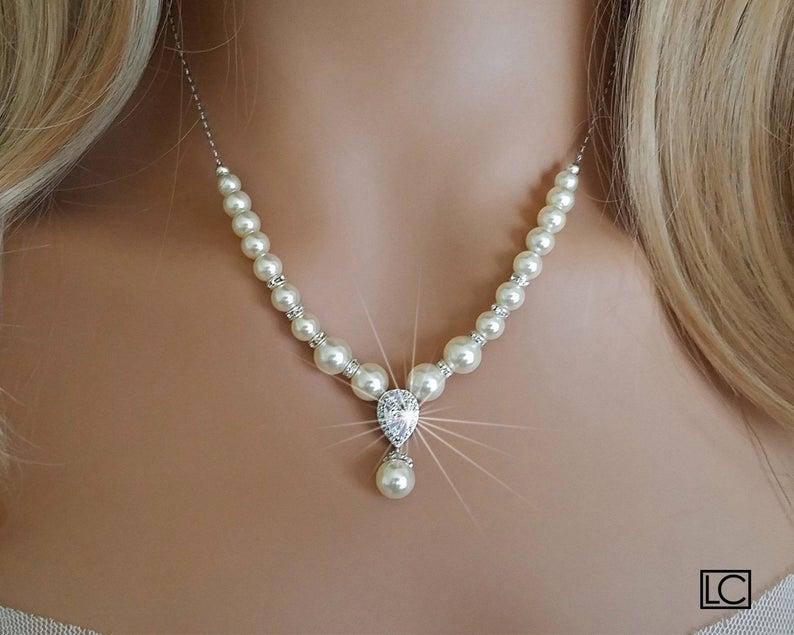 Hochzeit - Pearl Bridal Necklace, Wedding Pearl Backdrop Necklace, Swarovski Ivory Pearl Silver Necklace, Pearl Bridal Jewelry, Wedding Pearl Jewelry