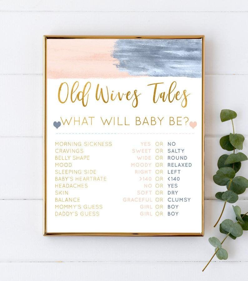 Wedding - Navy Blush Old Wives Tales Sign, Gender Reveal Decorations, Gender Reveal Printable Party Sign - 8X10 JPG