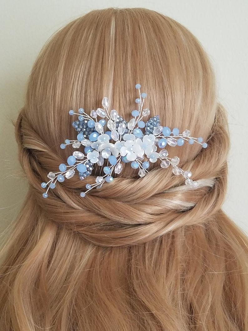 Wedding - Dusty Blue Bridal Hair Comb, Blue Floral Hair Piece, Wedding Pastel Blue Crystal Hair Comb, Blue Silver Headpiece Wedding Blue Hair Jewelry