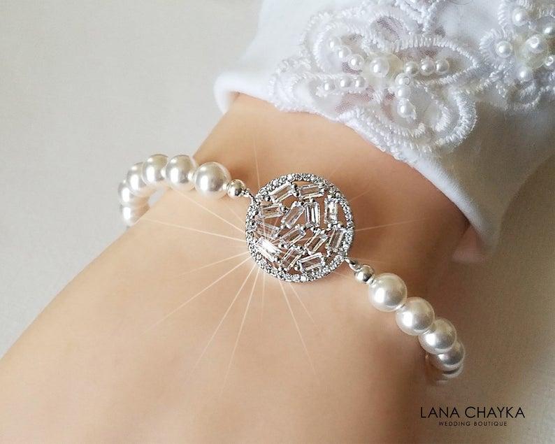 Mariage - Pearl Bridal Bracelet, White Pearl Silver Bracelet, Swarovski Pearl Cubic Zirconia Bracelet Bridal Jewelry Wedding Jewelry Bridal Party Gift