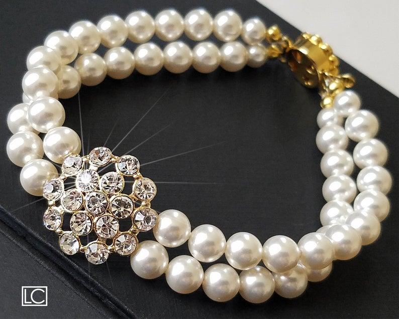 زفاف - White Pearl Bridal Bracelet, Pearl Cuff Bracelet, Swarovski Pearl Gold Bracelet, Wedding Pearl Bracelet, Bridal Jewelry, Pearl Gold Bracelet