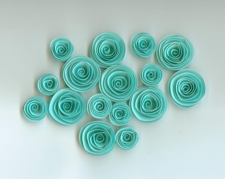 Hochzeit - Robin's Egg Blue Handmade Spiral Paper Flowers, Mini Rolled Flowers, Aqua Paper Flowers, Beach Themed Wedding, Darling paper spirals