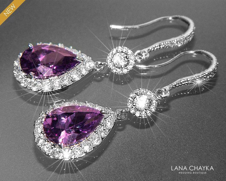 زفاف - Amethyst Crystal Earrings, Purple Chandelier Bridal Earrings, CZ Teardrop Wedding Earrings, Purple Halo Wedding Earrings, Bridal Jewelry