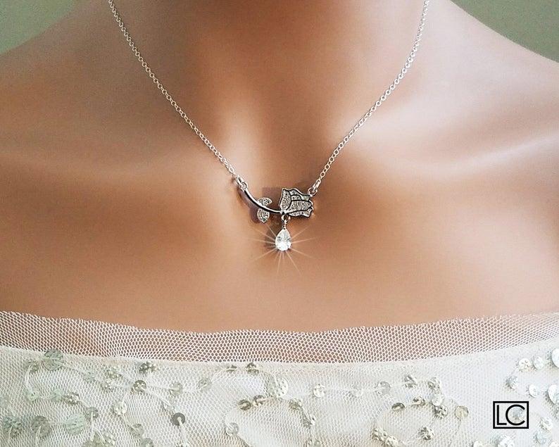 Wedding - Flower Silver Necklace, Wedding Necklace, Bridal Jewelry, Flower Pendant, Cubic Zirconia Rose Necklace, Bridal Party Gift, Wedding Jewelry