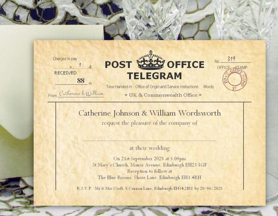 Hochzeit - Telegram Printed with your wedding details - Free UK Shipping - 7x5" Wedding Invites - Vintage Telegram Wedding Invitations - P