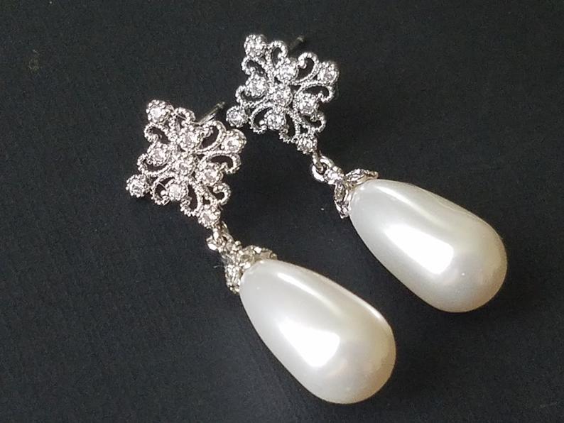 Hochzeit - Bridal Pearl Teardrop Earrings, Swarovski White Pearl Wedding Earrings, Pearl CZ Silver Earrings, Bridesmaids Jewelry, Pearl Dangle Earrings