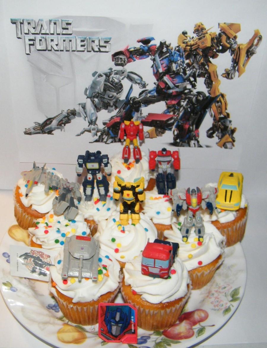 Mariage - Transformers Deluxe Mini Cake Toppers Cupcake Decorations 12 Set with 10 Figures and Vehicles, Special Tattoo and Toy Ring!