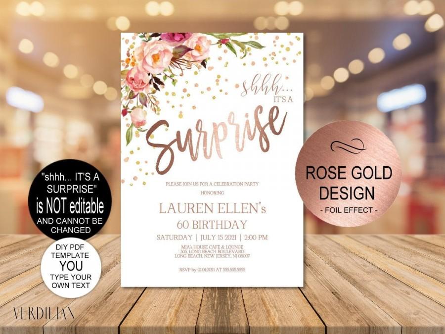 Hochzeit - DIY Any Age Surprise Birthday Invitation Template, Shhh it's a Surprise Birthday Invite for Women, Printable PDF Instant Download 