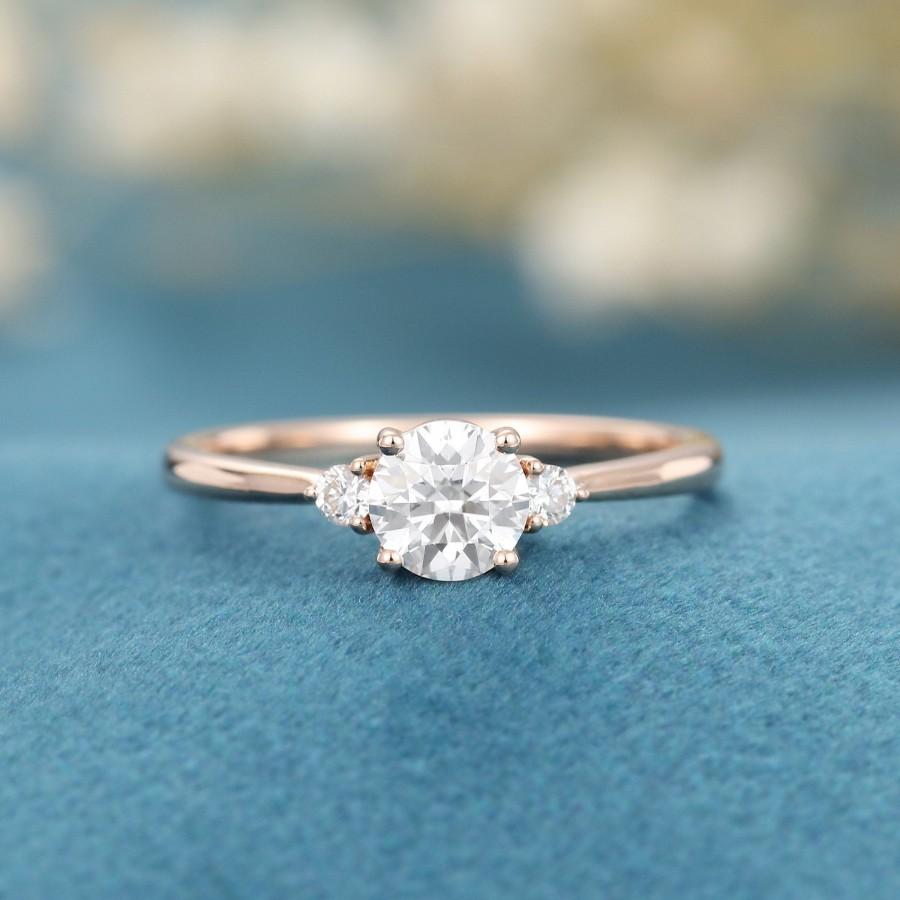 Свадьба - Moissanite engagement ring rose gold Unique Simple Three stone engagement ring Minimalist Promise Diamond wedding Anniversary gift for women