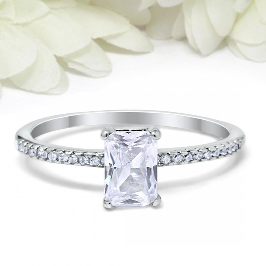 Wedding - 1.14 Carat Radiant Cut Simulated Diamond Art Deco Solitaire Accent Dazzling Wedding Engagement Ring Round CZ Sterling Silver
