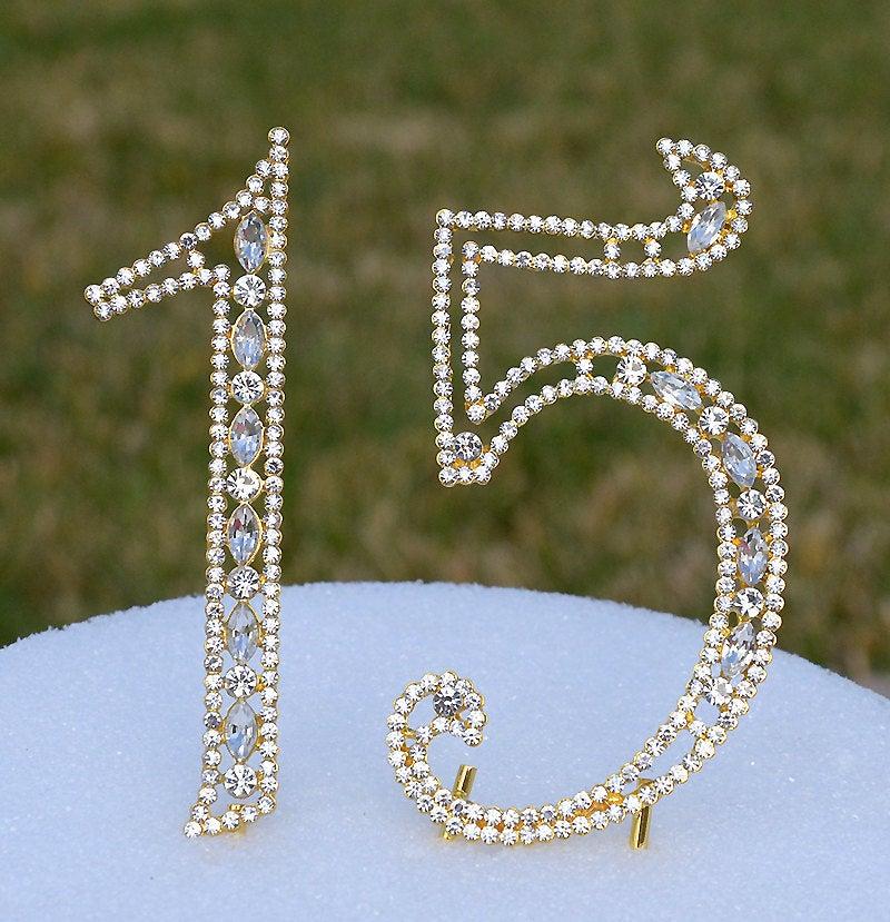 Mariage - New 5" Gold Rhinestone NUMBER FIFTEEN (15) Cake Topper 15th Birthday Parties Free Shipping CT151