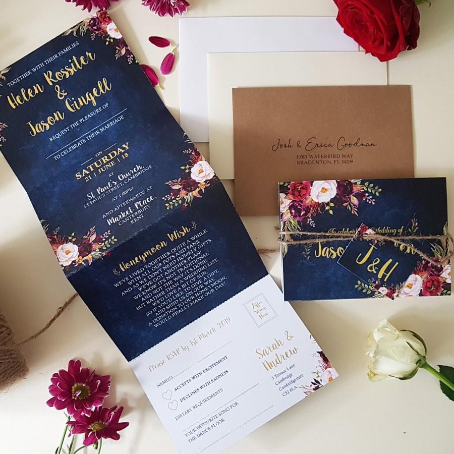 Hochzeit - Navy WIld Floral Wedding Invitation, Floral Concertina Wedding Invitations Or Reception Invitation With Envelope, Tag & Rustic Twine