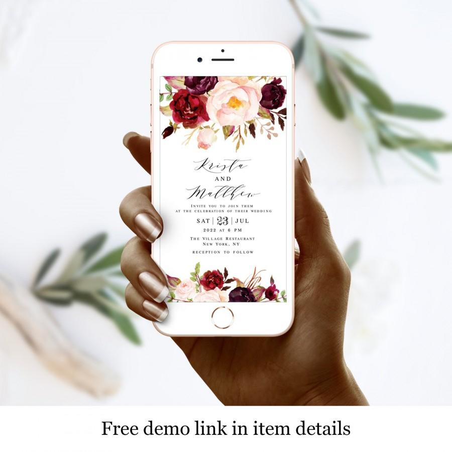 زفاف - Marsala And Blush Wedding Evite, Electronic Invitation Template, Text Message Invite, Instant Download, Fully Editable, Calligraphy #vmt42