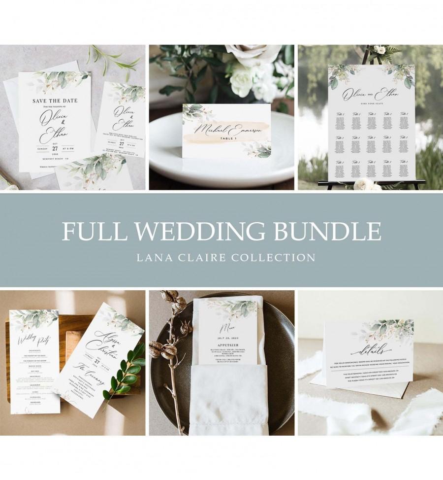 Wedding - Lana Claire Green & Gold Wedding Bundle, Large Wedding Essential Templates, 100% Editable Text, Greenery Wedding, Instant Download, Templett