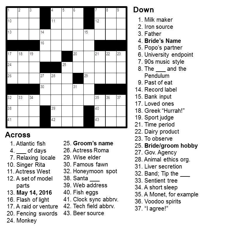 Wedding - Personalized Crossword - Perfect for Weddings, Anniversaries, Birthdays, and More!
