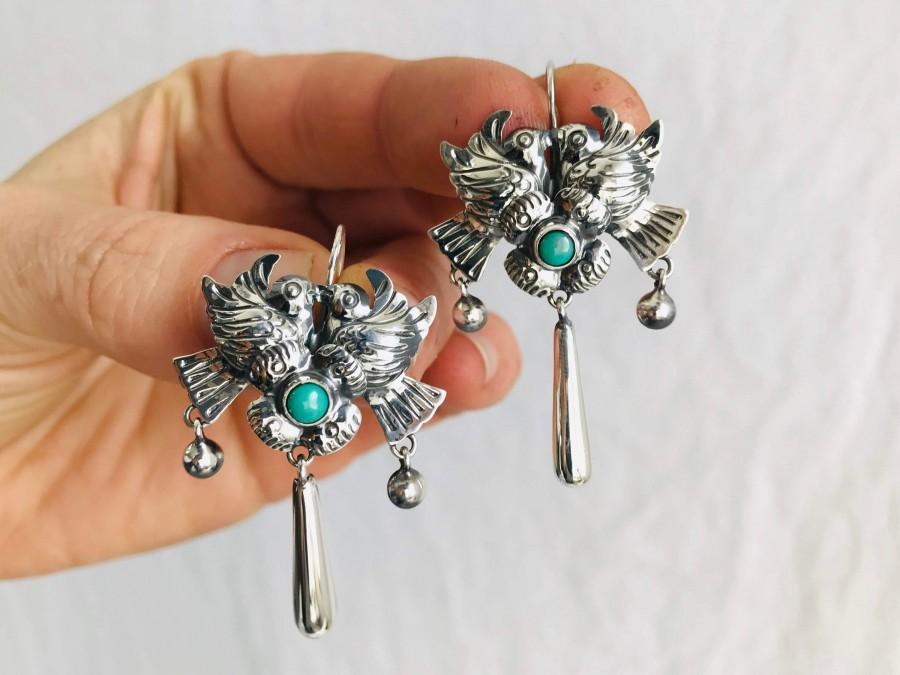 زفاف - Taxco Filigree Earrings. Sterling Silver & Turquoise. Mexico. Frida Kahlo