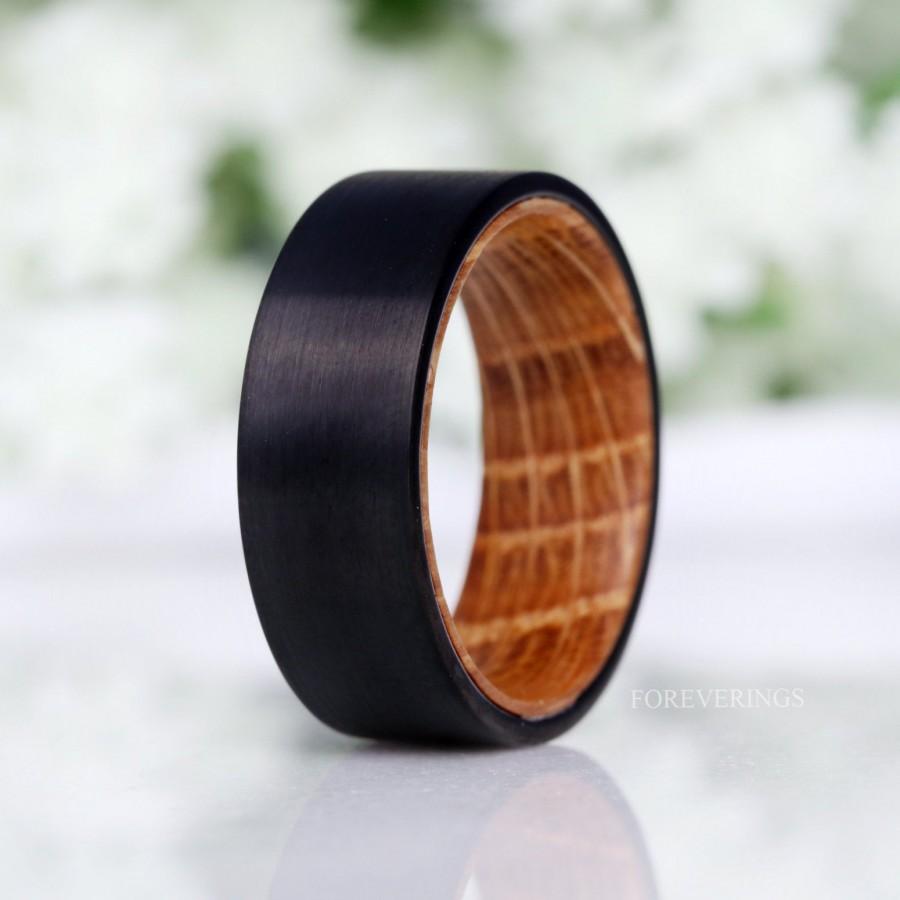 Hochzeit - Whiskey Barrel Ring, Mens Tungsten Wedding Band, Wood and Tungsten Ring, Brushed Tungsten Band, Black, Comfort Fit, 8mm Band