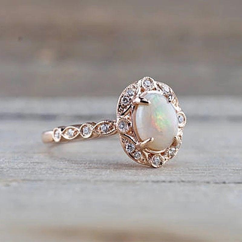 Wedding - Rose Gold Vintage Opal Engagement Ring Opal Promise Ring Halo Opal Engagement Ring Wedding Ring For Women Opal silver Unique Promise Ring