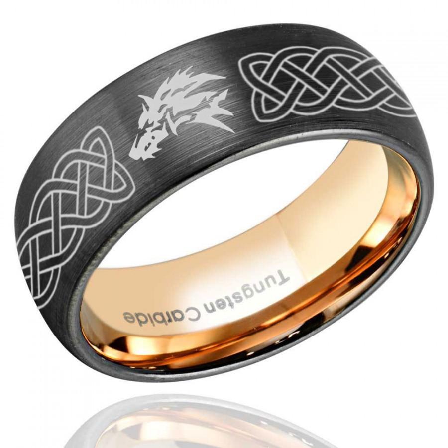 زفاف - 6mm 8mm Celtic and Wolf Brushed Black Tungsten Ring, Dome Tungsten Wedding Band Ring Rose Gold, Mens Engagement Ring, Free Engraving