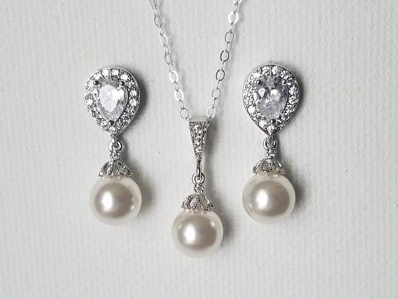 Wedding - White Pearl Jewelry Set, Swarovski 8mm Pearl Earrings&Necklace Set, Wedding Pearl Dainty Jewelry Set, Bridal Jewelry Set, Wedding Pearl Set