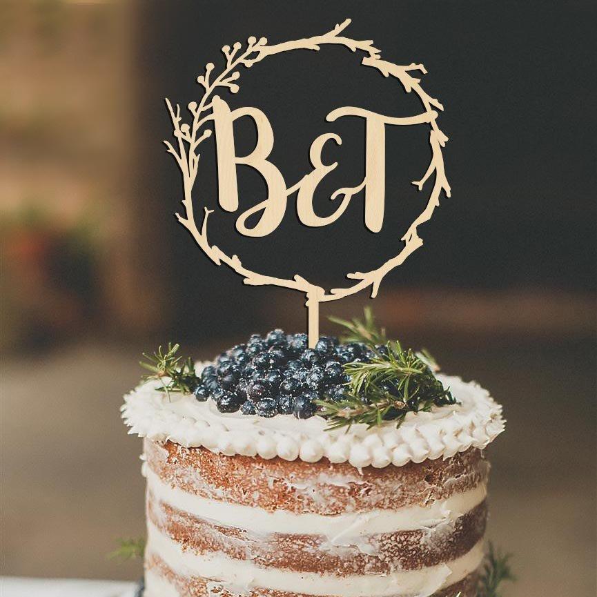 Wedding - Wreath of branches cake topper custom wedding cake topper cusomized with initials 