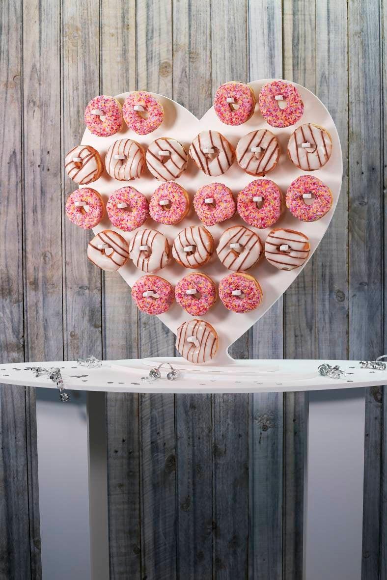 Wedding - Donut Wall, Heart Design. Various Size Options. White 10mm waterproof Plastic Freestanding.Holds 25 upto 92 Donuts