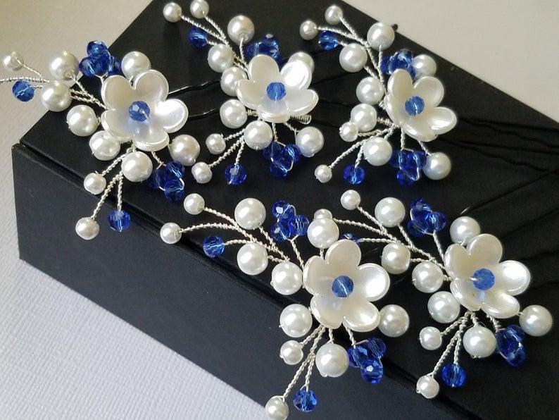 زفاف - Bridal White Blue Hair Pins, Set of 5 Wedding Hair Pins, Bridal Hair Jewelry, Pearl Sapphire Blue Crystal Hair Pieces, Bridal Headpieces
