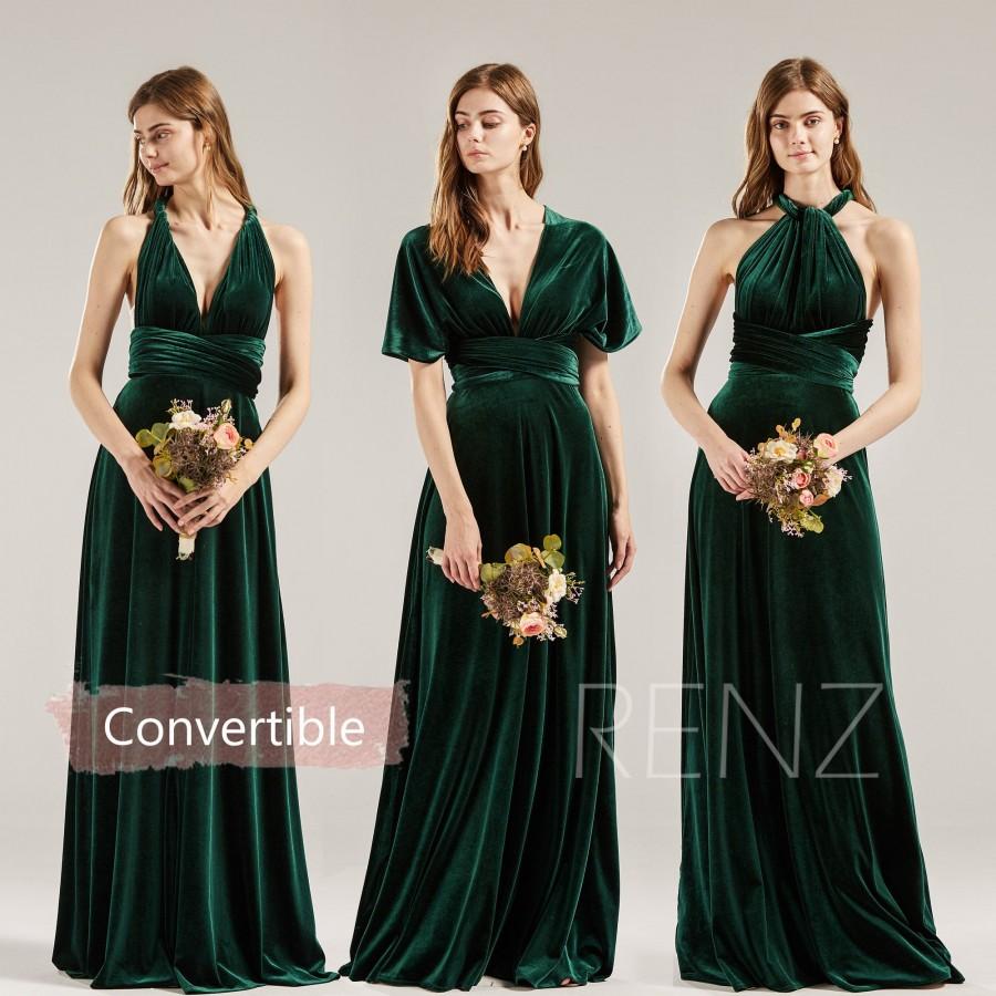 زفاف - Velvet Bridesmaid Dress Dark Green Velvet Wedding Dress V Neck Convertible Straps Long Infinity Formal Dress A-line Multiway Dress (HV763C)