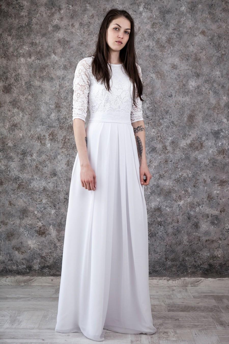 Свадьба - Inexpensive wedding dress. White lace wedding dress floor length. Modest wedding gown with sleeves under 100