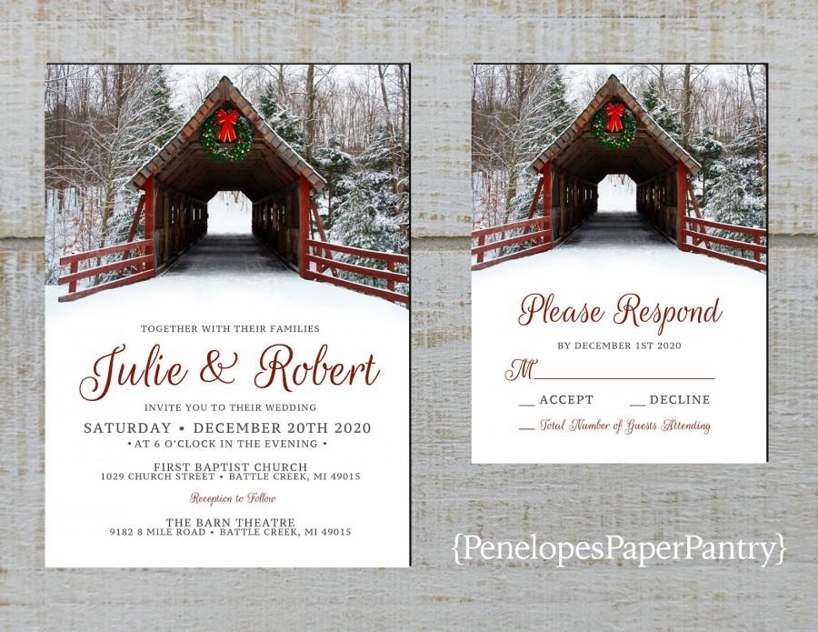Wedding - Romantic Rustic Christmas Wedding Invitation,Covered Bridge,Evergreen Wreath,Snow,Pine Tree Forest,Red Barn Wood,Rustic Fence,Printed