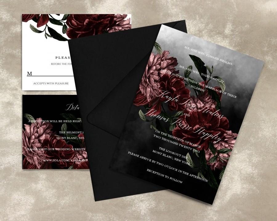 Wedding - Printable Dark Moody Floral Wedding Invitations, Printable Dark Floral Invitations, Moody Floral Wedding Invitation Template, Templett