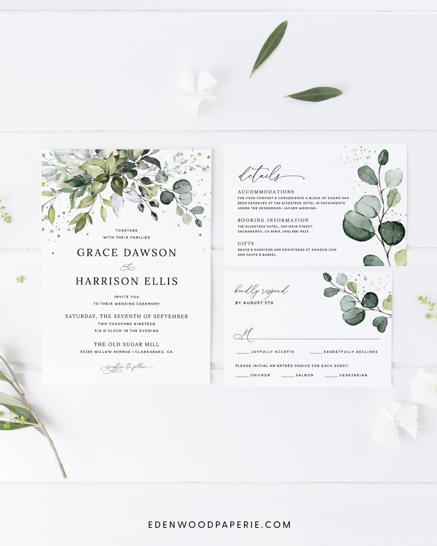 Свадьба - Eucalyptus Wedding Invitation Template, Greenery Wedding Printable Invitation Set, Bohemian Wedding Invitation Suite Instant Download, #002